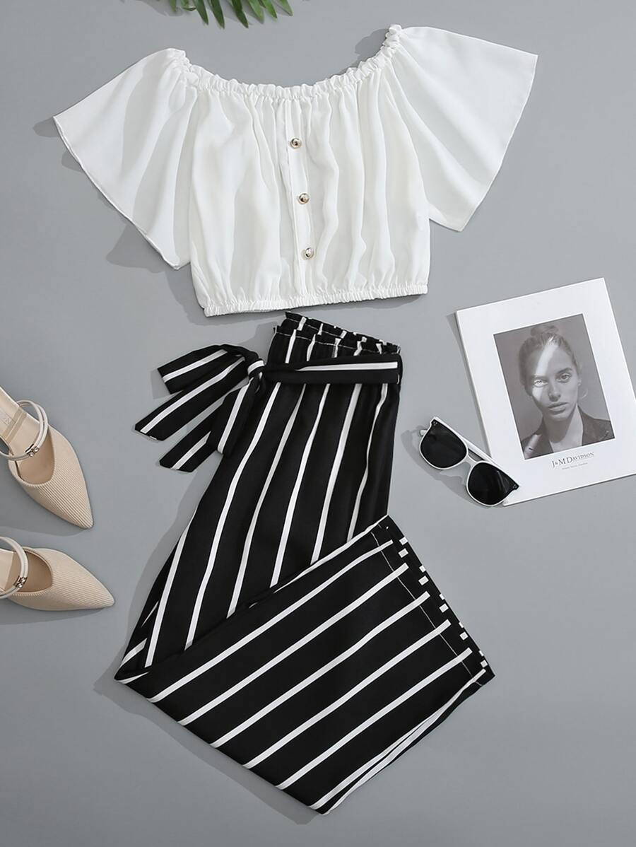 SHEIN Unity Frilled Button Bardot Top & Striped Paperbag Waist Pants Set - Black and White - View 1