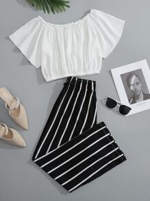 SHEIN Unity Frilled Button Bardot Top & Striped Paperbag Waist Pants Set - Black and White - View 2