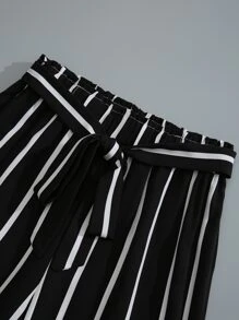 SHEIN Unity Frilled Button Bardot Top & Striped Paperbag Waist Pants Set - Black and White - View 4