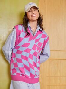 Mulvari Women Sweater Vests Sọc ca rô Giải trí - Nhiều màu - Xem 1