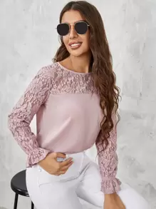 SHEIN Áo sơ mi nữ Tương phản ren Xù màu trơn Thanh lịch - Bụi hồng - Xem 1