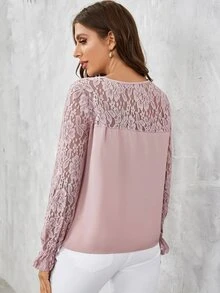 SHEIN Áo sơ mi nữ Tương phản ren Xù màu trơn Thanh lịch - Bụi hồng - Xem 2