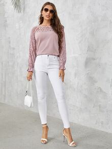 SHEIN Áo sơ mi nữ Tương phản ren Xù màu trơn Thanh lịch - Bụi hồng - Xem 3