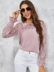 SHEIN Áo sơ mi nữ Tương phản ren Xù màu trơn Thanh lịch - Bụi hồng - Xem 4