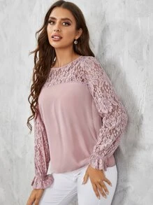 SHEIN Áo sơ mi nữ Tương phản ren Xù màu trơn Thanh lịch - Bụi hồng - Xem 5