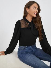SHEIN Tie Neck Lantern Sleeve Lace Yoke Top - Black - View 1
