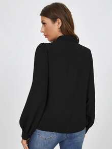 SHEIN Tie Neck Lantern Sleeve Lace Yoke Top - Black - View 2