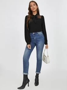 SHEIN Tie Neck Lantern Sleeve Lace Yoke Top - Black - View 3
