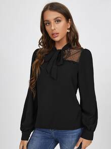 SHEIN Tie Neck Lantern Sleeve Lace Yoke Top - Black - View 4