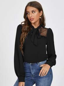 SHEIN Tie Neck Lantern Sleeve Lace Yoke Top - Black - View 5