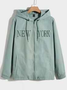 Manfinity Men Letter Embroidery Zip Up Hoodie, For Fall Winter - Mint Green - View 1
