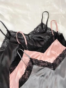 3件套蕾丝花边吊带上衣和短裤睡衣套装 - 彩色 - 查看 4