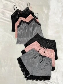 3件套蕾丝花边吊带上衣和短裤睡衣套装 - 彩色 - 查看 5