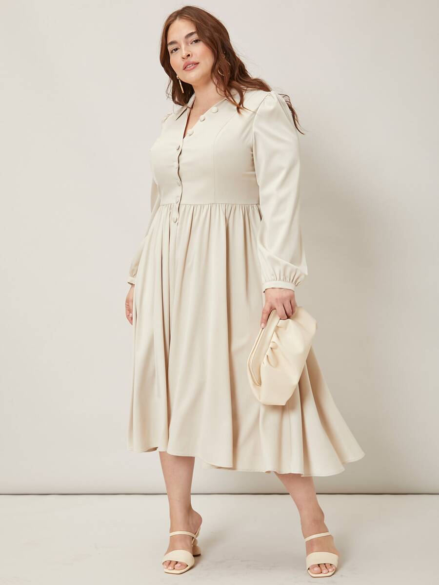 SHEIN Đầm Plus Size Nút màu trơn Thanh lịch - Màu be - Xem 1