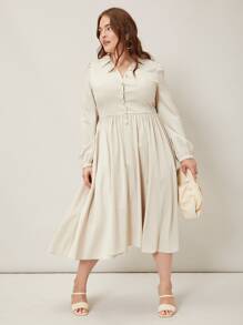 SHEIN Đầm Plus Size Nút màu trơn Thanh lịch - Màu be - Xem 3
