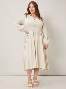 SHEIN Đầm Plus Size Nút màu trơn Thanh lịch - Màu be - Xem 4