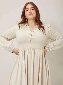 SHEIN Đầm Plus Size Nút màu trơn Thanh lịch - Màu be - Xem 6