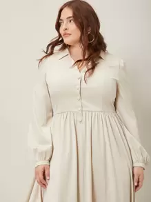 SHEIN Đầm Plus Size Nút màu trơn Thanh lịch - Màu be - Xem 7