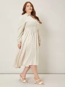SHEIN Đầm Plus Size Nút màu trơn Thanh lịch - Màu be - Xem 8