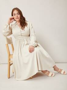 SHEIN Đầm Plus Size Nút màu trơn Thanh lịch - Màu be - Xem 10