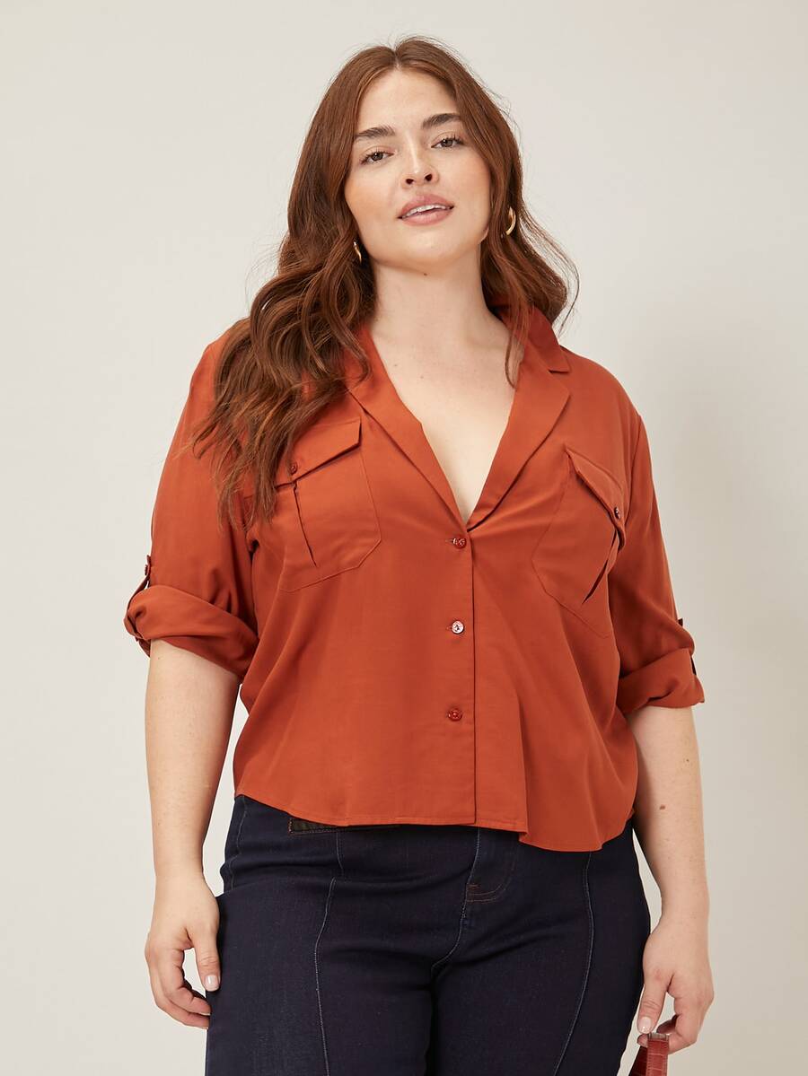 MOTF PREMIUM PLUS VISCOSE ROLL-UP SLEEVE BLOUSE - Rust Brown - View 1