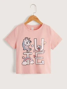 SHEIN Tops con gái Hoạt hình Lá thư Giải trí - Màu Hồng baby - Xem 1