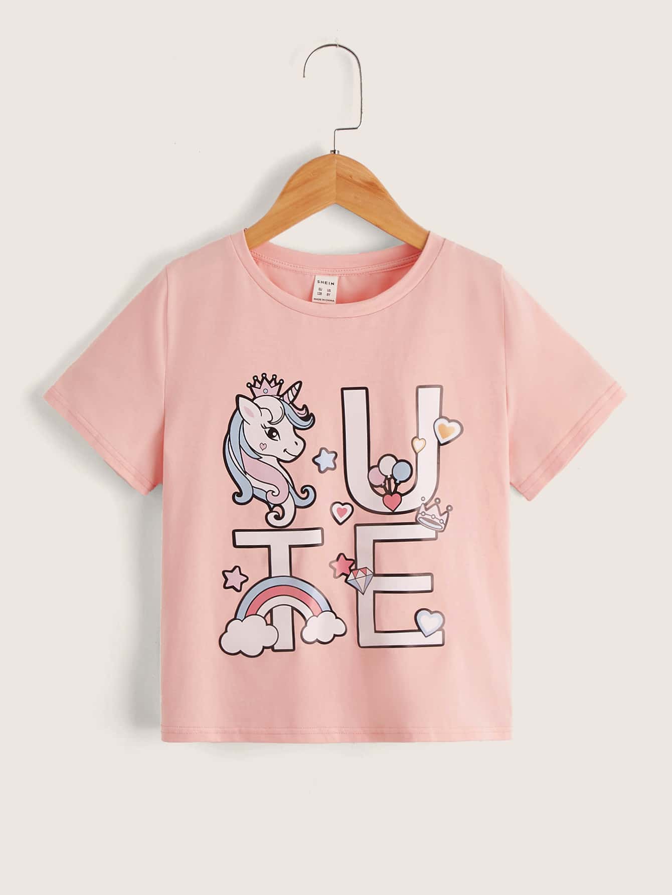 SHEIN Tops con gái Hoạt hình Lá thư Giải trí - Màu Hồng baby - Xem 1