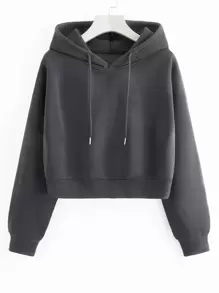 INAWLY Solid Drawstring Crop Thermal Lined Hoodie - Dark Grey - View 1