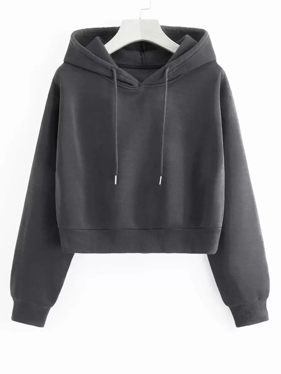 INAWLY Solid Drawstring Crop Thermal Lined Hoodie - Dark Grey - View 1