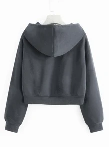 INAWLY Solid Drawstring Crop Thermal Lined Hoodie - Dark Grey - View 2