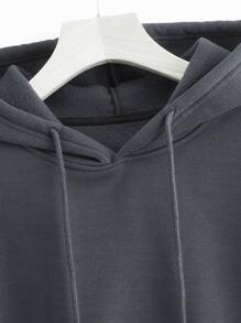 INAWLY Solid Drawstring Crop Thermal Lined Hoodie - Dark Grey - View 4