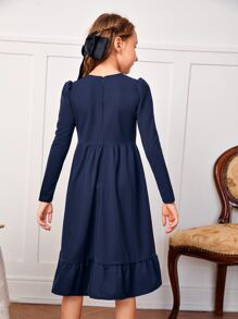 SHEIN Niñas Vestido de manga farol bajo con fruncido - Azul Marino - Ver 2