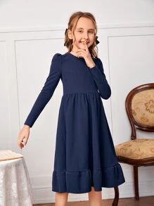 SHEIN Niñas Vestido de manga farol bajo con fruncido - Azul Marino - Ver 3