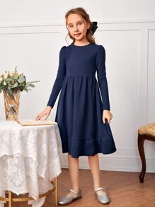 SHEIN Niñas Vestido de manga farol bajo con fruncido - Azul Marino - Ver 4