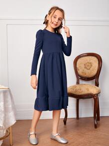 SHEIN Niñas Vestido de manga farol bajo con fruncido - Azul Marino - Ver 5