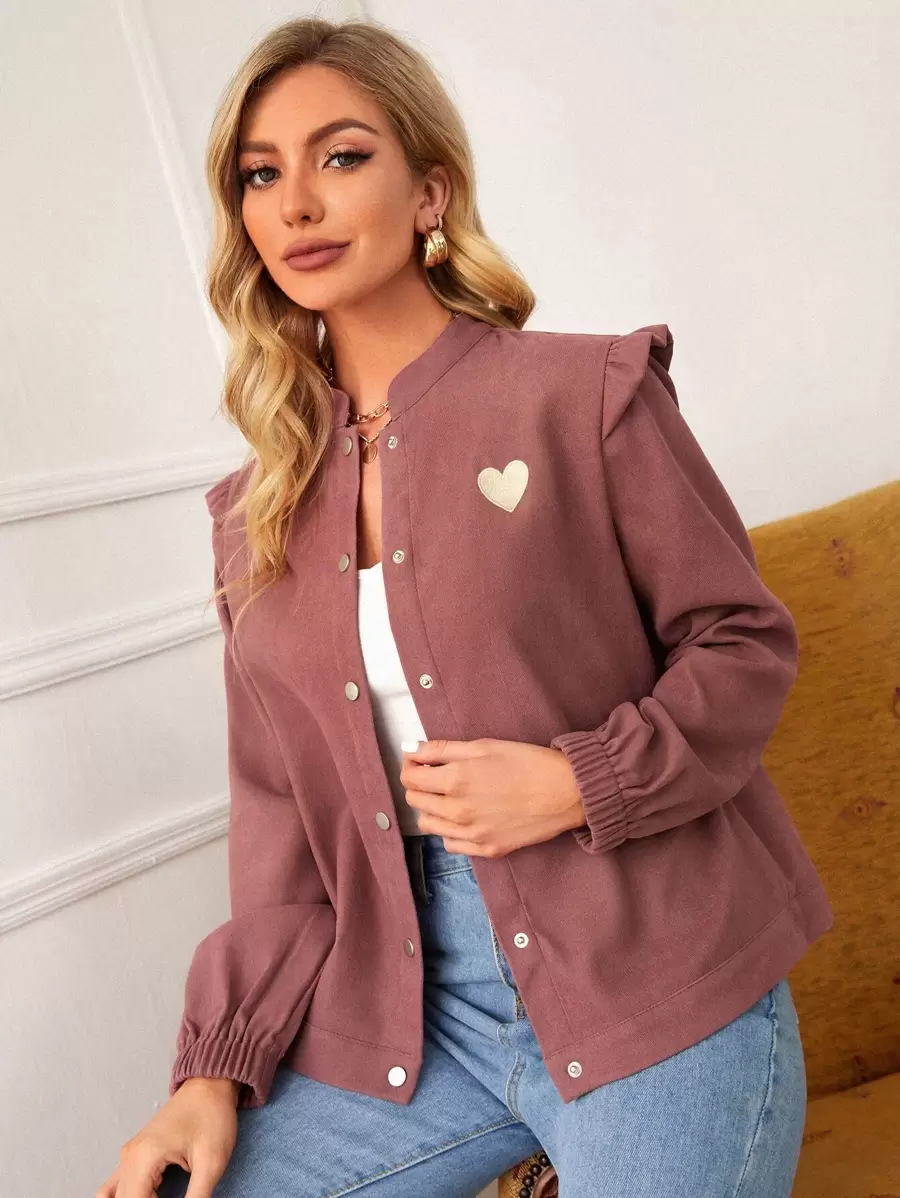 SHEIN Essnce Chaqueta con bordado de corazón y volantes para otoño/invierno - Color caoba - Ver 1