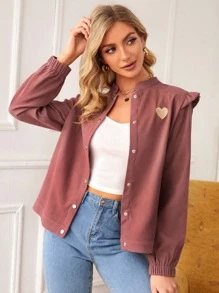 SHEIN Essnce Chaqueta con bordado de corazón y volantes para otoño/invierno - Color caoba - Ver 4