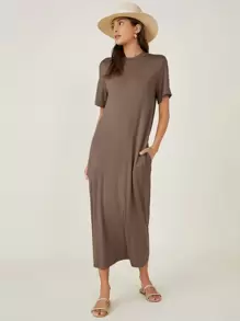 SHEIN BASICS 側口袋素色T恤連衣裙 - 摩卡棕 - 查看 1