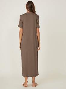 SHEIN BASICS 側口袋素色T恤連衣裙 - 摩卡棕 - 查看 2