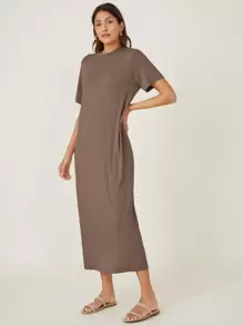 SHEIN BASICS 側口袋素色T恤連衣裙 - 摩卡棕 - 查看 3