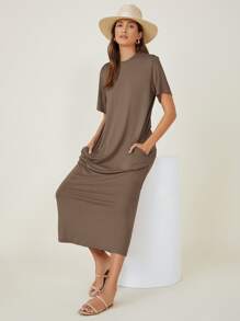 SHEIN BASICS 側口袋素色T恤連衣裙 - 摩卡棕 - 查看 5