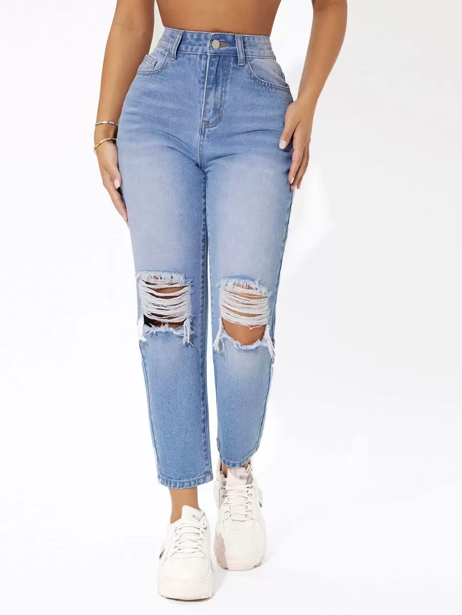 SHEIN PETITE Damskie jeansy Guziki Kieszeń Podarte Zamek błyskawiczny Prosty