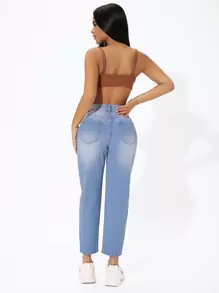 SHEIN PETITE Damskie jeansy Guziki Kieszeń Podarte Zamek błyskawiczny Prosty