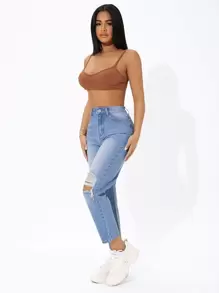 SHEIN PETITE Damskie jeansy Guziki Kieszeń Podarte Zamek błyskawiczny Prosty