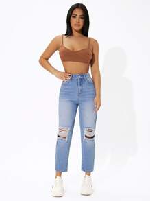 SHEIN PETITE Damskie jeansy Guziki Kieszeń Podarte Zamek błyskawiczny Prosty