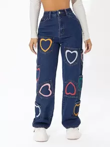 SHEIN PETITE 愛心圖案高腰直筒牛仔褲 - 中等水洗藍 - 查看 1