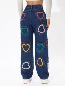 SHEIN PETITE 愛心圖案高腰直筒牛仔褲 - 中等水洗藍 - 查看 2