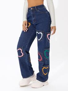 SHEIN PETITE 愛心圖案高腰直筒牛仔褲 - 中等水洗藍 - 查看 3