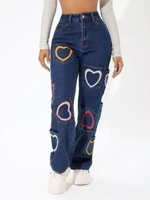 SHEIN PETITE 愛心圖案高腰直筒牛仔褲 - 中等水洗藍 - 查看 4