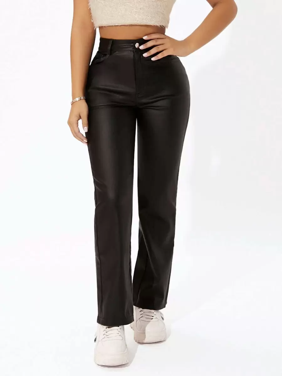 SHEIN PETITE Quần ống đứng trơn thường ngày cho nữ, Quần ống đứng dài bằng vải viscose đen cạp cao, có nút thường ngày, có túi, có khóa kéo, quần dài thường ngày cho nữ, mùa xuân/thu, trang phục thường ngày thường ngày - màu đen - Xem 1